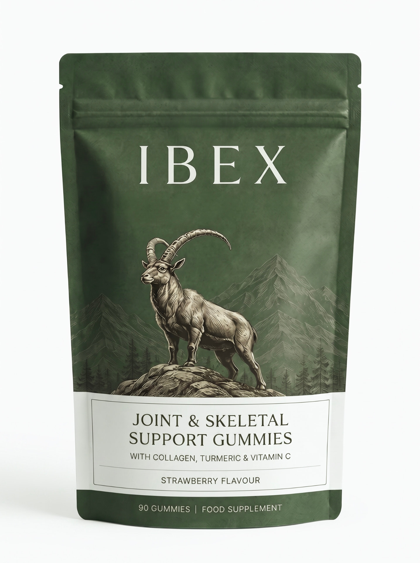 IBEX Joint and Skeletal Support Gummies pouch in deep pine green with an engraved alpine ibex standing on a rock