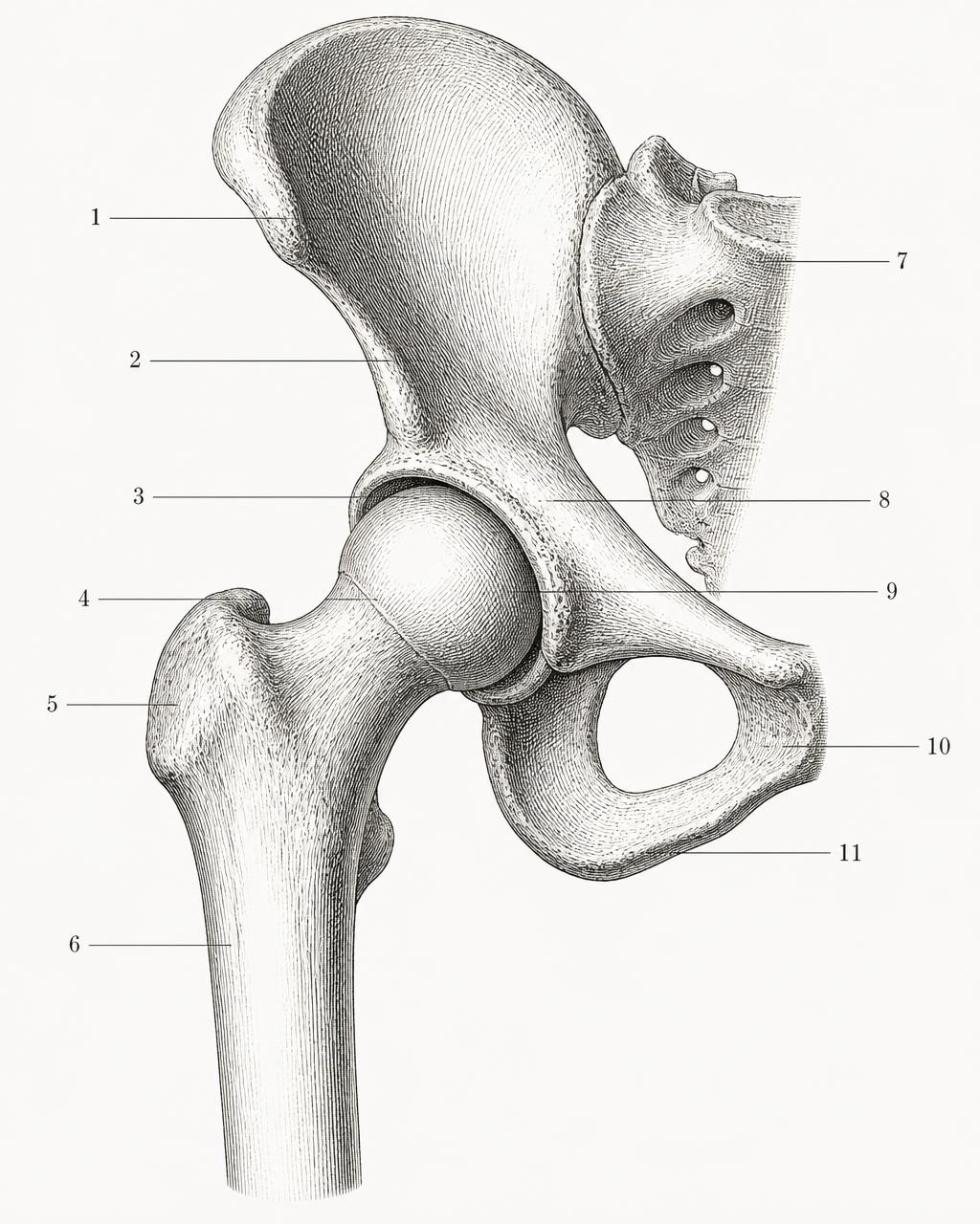 Anatomical engraving of the human hip joint